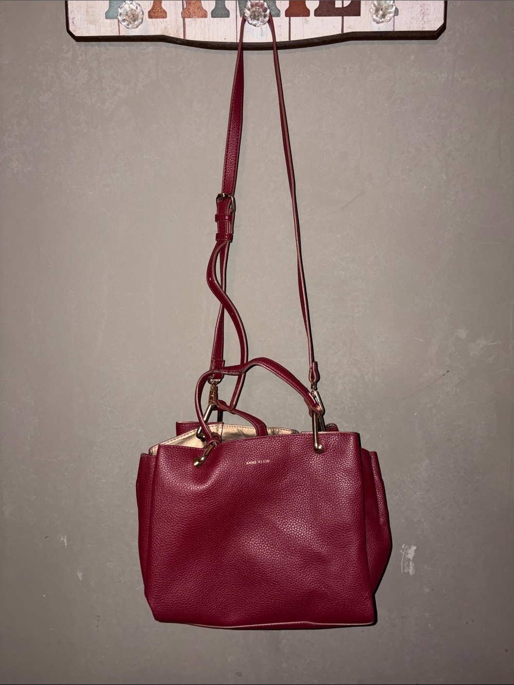Anne Klein Burgundy Pebbled Leather Satchel with Crossbody Strap
